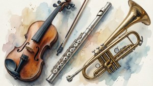 バイオリン、フルート、トランペットをパステルカラーで描いた芸術的な水彩コラージュ。 — 音楽 美学 壁紙