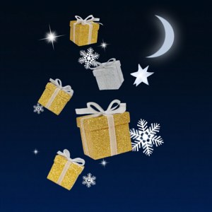 夜空に雪片と星が舞う、魔法のように浮かぶプレゼント。 — クリスマスプレゼント 壁紙
