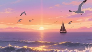 海に沈む美しいアニメ風の夕日。暖かな色彩と郷愁を感じさせる一枚。 — アニメ風景 壁紙