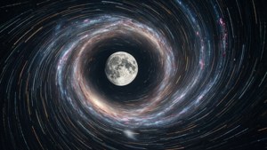 銀河の渦の中心に浮かぶ、光の筋を伴う超現実的な月。 — 銀河の月 壁紙