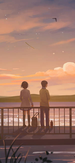湖を眺めるカップルのアート — アニメ風景 壁紙