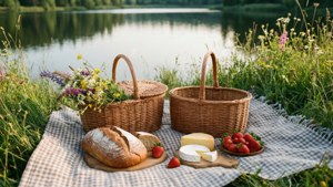 新鮮な食べ物と野花に囲まれた、静かな湖畔のピクニック