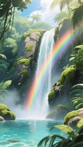 壮大なアニメ風の滝と、霧の中に浮かぶ虹。 — アニメ風景 壁紙