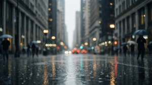 雨と反射が印象的なムーディーな灰色の街並み — グレー系 壁紙