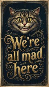 チェシャ猫と「ここではみんな狂っている」という引用が描かれたタイポグラフィック壁紙。 — チェシャ猫 壁紙
