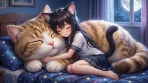 巨大な猫のぬいぐるみと一緒に眠るネコミミの少女 — アニメ猫 壁紙