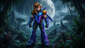 巨大な月が浮かぶ異星の惑星に立つサムス・アランのSFシーン。 — Nintendo 壁紙