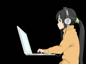 白いスリムノートパソコンで作業するアニメ少女 — アニメ ノートパソコン 壁紙