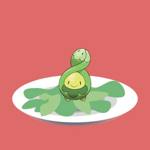 皿の上の葉っぱと共に佇むBudew — アニメ エスセティック GIF 壁紙