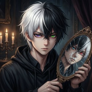 エッジの効いたアニメ風の少年、分け目が特徴的で、割れた鏡が映し出されている。