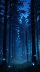 光るホタルとそびえる松の木々が広がる、神秘的な暗い青の森。 — ダークブルー アート GIF 壁紙