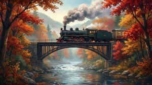 列車が橋を渡る、ノスタルジックなアニメの秋の風景。 — アニメ風景 壁紙