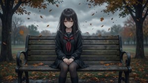 秋のベンチに座る孤独なアニメの少女、悲しみを感じている。 — 悲しいアニメGIF 壁紙