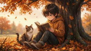 秋の木の下で猫と一緒に本を読んでいるアニメの子供。 — アニメの子供 壁紙
