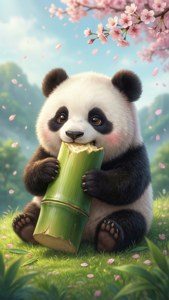 春に竹を楽しむ愛らしいかわいいパンダ。 — カワイイ 壁紙