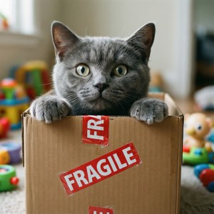 段ボール箱から顔を出すグレーの猫。 — 猫 壁紙