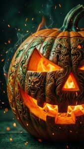 光る炭火をあしらった細部まで作り込まれたカボチャの彫刻 — ハロウィンの美学 壁紙