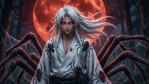 紅い月の下、巨大な蜘蛛の巣の上に立ち、赤く光る目をした累。