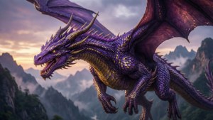 山々の上を飛ぶ紫のドラゴンの壮大なファンタジーシーン。 — 紫 壁紙