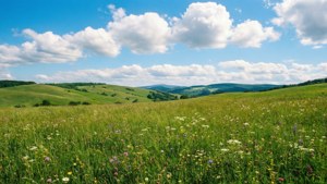 鮮やかな緑の草原に野花が咲き、青い空が広がる、陽気な夏の風景。 — グリーン エステティック GIF 壁紙