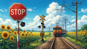 アニメ風の線路とひまわり畑が広がる踏切の風景。
