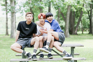 美的なBTSトリオが公園のベンチに — 感性 BTS 壁紙