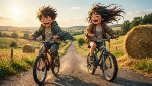 黄金時間の田園地帯で、アニメの子供たちが自転車で丘を下るシーン。 — アニメの子供 壁紙