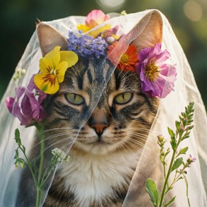 カラフルな花々のベールの後ろにある猫の顔 — Galaxy Watch 壁紙
