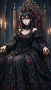 黒いガウンをまとったアニメ風の姫が、茨の冠をかぶっている。 — 黒いアニメ 壁紙