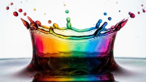 白い背景に凍った虹色の液体の飛沫。 — 虹色の美学 壁紙