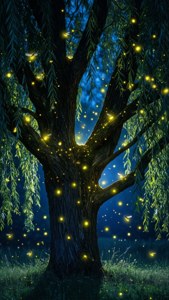 夜の柳の木に光る蛍、幻想的で不思議な雰囲気。 — iPhone 5 壁紙