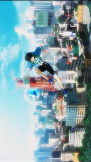街でバブルと共に跳ぶ少年のアニメ風ポートレート — アニメ街 GIF 壁紙