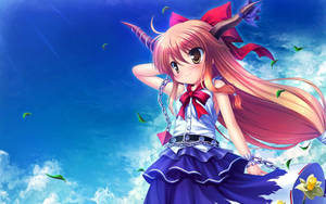角のあるかわいいアニメの女の子と舞い落ちる葉