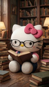 ハローキティが居心地の良い図書館で本の世界に没頭しています。 — ハローキティ GIF 壁紙