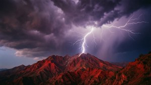 赤い山頂に稲妻が落ちる劇的な雷雨