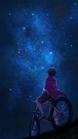 赤い自転車の男が夜空を見上げるアニメ風景 — アニメ スマホ 壁紙