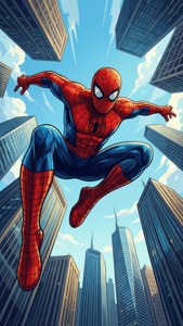 ダイナミックなフラットベクターで描かれた、超高層ビルから飛び降りるスパイダーマン — iPhone 6 壁紙