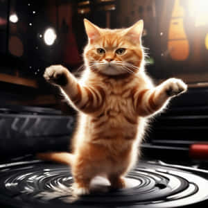 踊るオレンジのトラ猫とビニールレコード