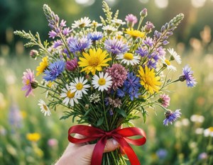 手に持った野の花のブーケに赤いリボンが結ばれた、フレッシュで愛らしい雰囲気。 — ラブ エステティック GIF 壁紙