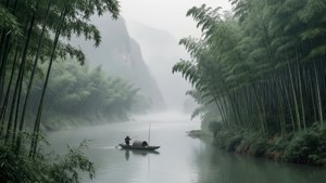 霧に包まれた長江、竹と一人の漁師 — 中国 壁紙
