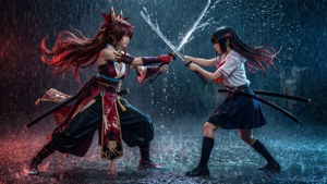 『キルラキル』の竜子と皐月が雨の中で対決するアクション壁紙。 — アニメカップル GIF 壁紙