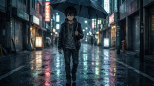 悲しげなアニメの少年が、雨の夜の街路を一人で歩き、ずぶ濡れになっている。