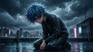雨の中、屋上にひざまずく悲しげなアニメの少年。頭を垂れ、嵐の街並みの中で。 — 悲しいアニメGIF 壁紙