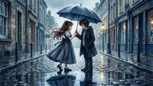 ベルダンディーとケーイチが雨の街角で傘を共有する、ロマンチックな雰囲気。