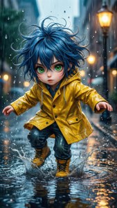 青い髪のアニメの子供が、雨の街路で水たまりに楽しそうに飛び込んでいる様子。 — アニメの子供 壁紙