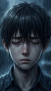 雨の中、泣いているアニメの少年のクローズアップ。 — 悲しいアニメGIF 壁紙
