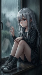 悲しげなアニメの少女が窓辺に座り、雨を見つめながらガラスに手を触れている。 — iPhone 8 壁紙