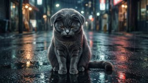 雨の中の孤独な灰色の猫 — アニメ猫 壁紙