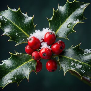 雪をまとったヒイラギの実のマクロ撮影。お祝いの赤と緑。 — クリスマス エステ 壁紙