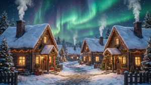 緑のオーロラの下で窓が輝く雪の村のクリスマス風景 — 緑の空 壁紙